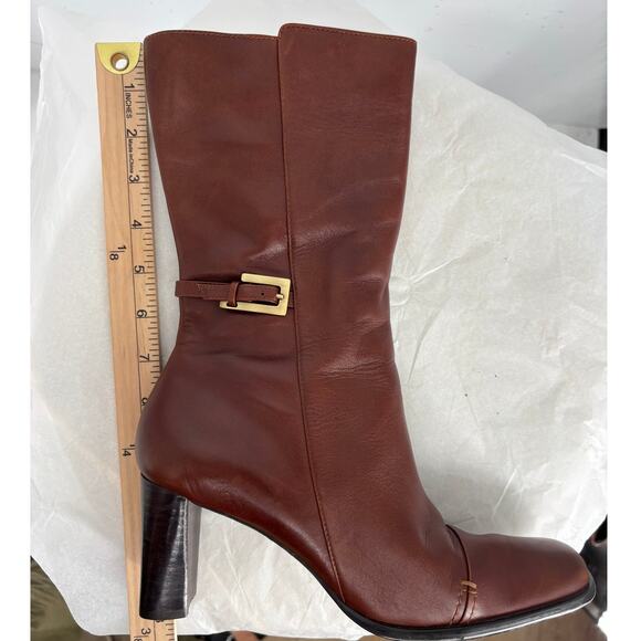 Anne Klein Mid Calf Leather Boots High Heel Brown Modern Classic Size 8M Luxury - Picture 10 of 15